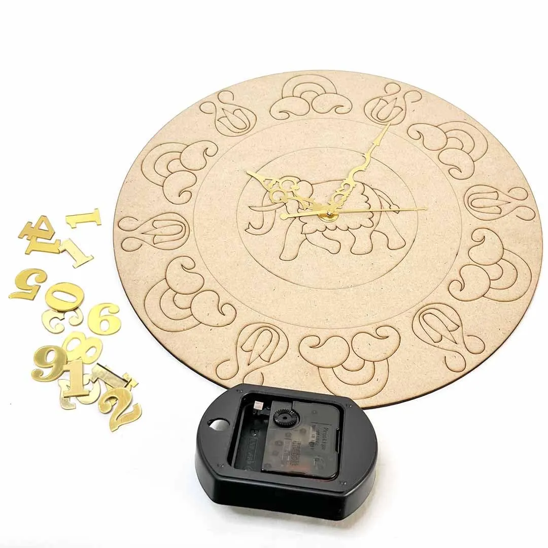 ADIKALA Mandala Elephant Pine Wall Clock, 12 Inch Diameter, MDF Base with Clock Mechanism and Acrylic Number Set