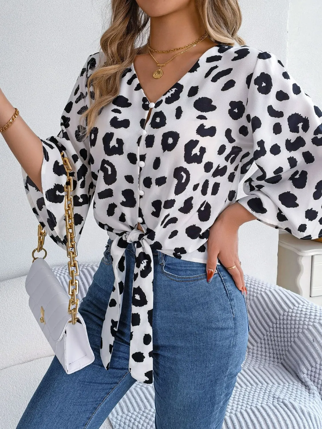 Animal Print Long Sleeve Shirt Women's Casual Tied Button Up Leopard V-Neck Blouse