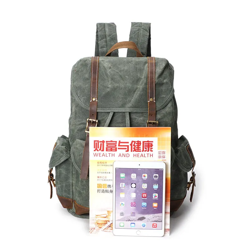 Crazy Horse Canvas Leather Backpack, Travlling Laptop Backpack, Vintage Waterproof Shoulder Outing Bag
