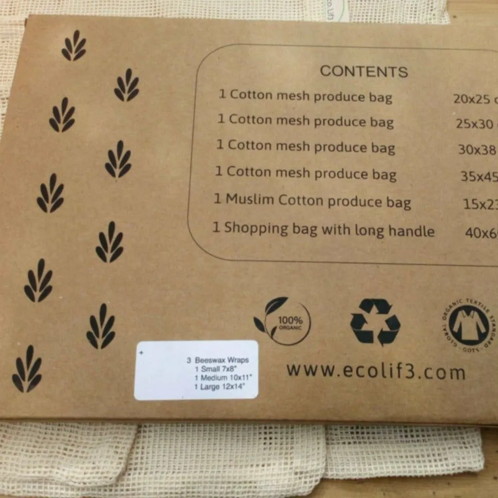 Ecolif3 - Organic Beeswax Food Wrap and Bags Storage Kit - Plastic Free