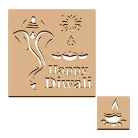 Gift Me Bazar Happy Diwali MDF Rangoli Making with Ganesha & Diya Cutout | Diwali Home Decor | Reusable Rangoli Stencils | Diwali Decoration for Home Office
