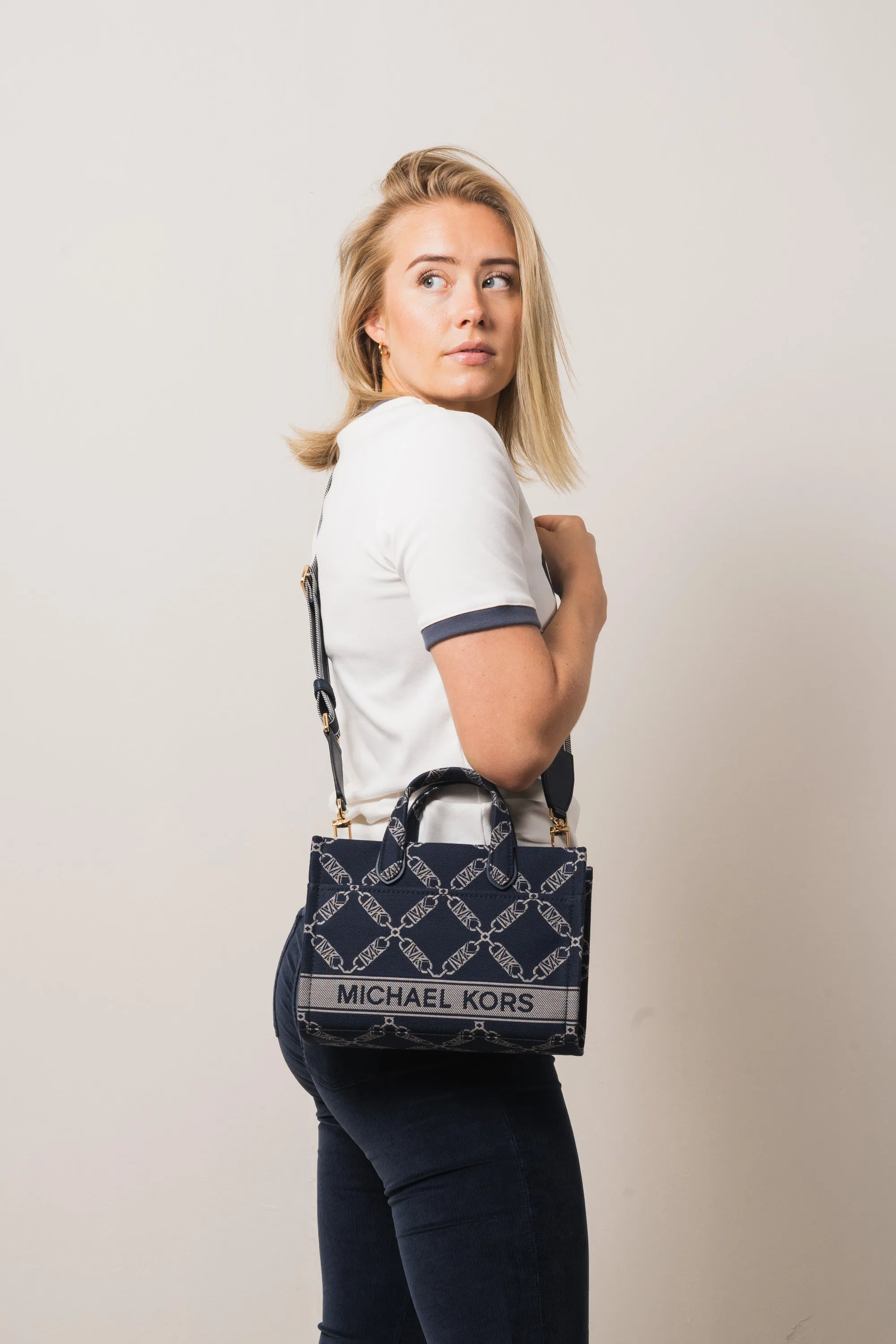 Gigi Small Empire Logo Jacquard Messenger Bag - Navy/Multi
