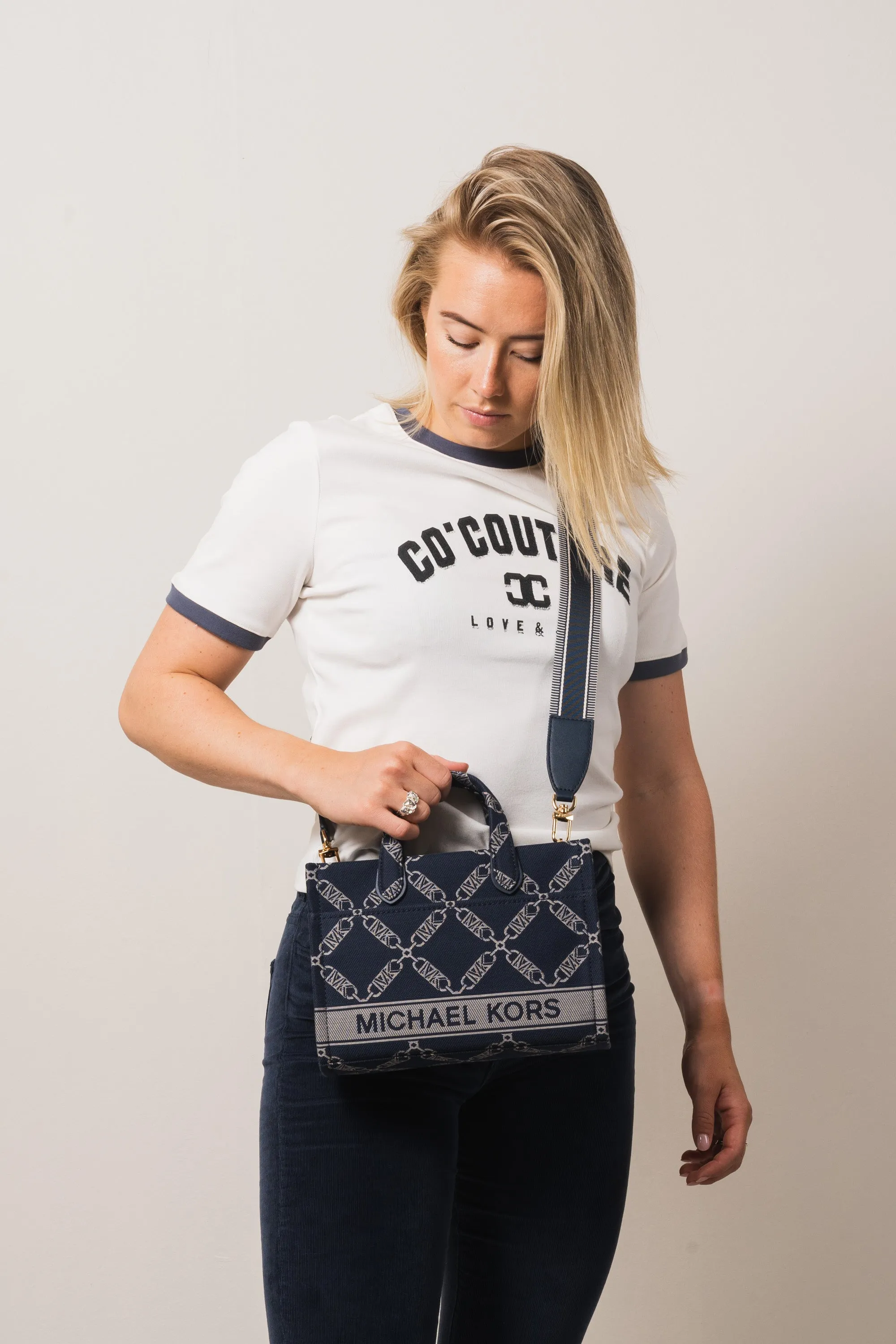 Gigi Small Empire Logo Jacquard Messenger Bag - Navy/Multi