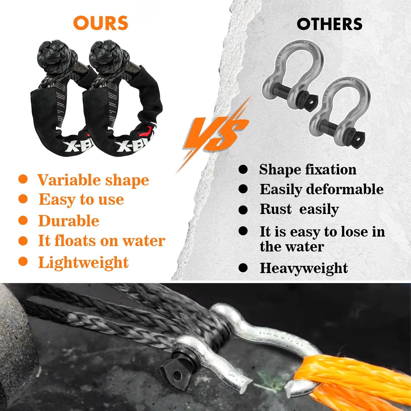 Heavy-Duty 4WD Recovery Kit, Snatch Strap, Soft Shackles - X-BULL