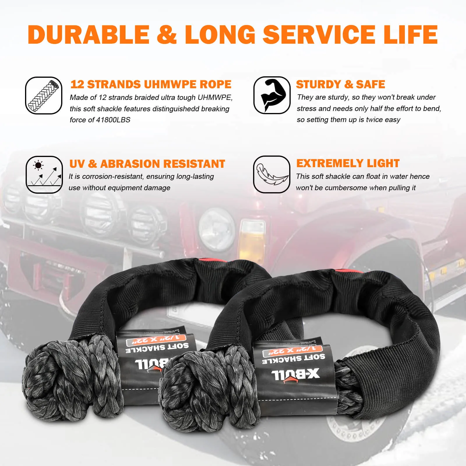 Heavy-Duty 4WD Recovery Kit, Snatch Strap, Soft Shackles - X-BULL