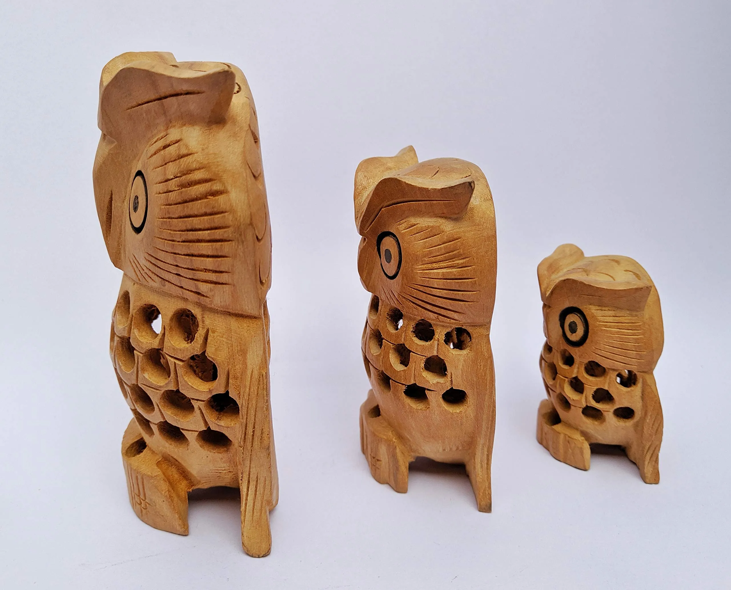 Himalayan Crafts Wooden Handcrafted Owl Family (Set of 3) - 10cm, 8cm, 5cm - Multicolour