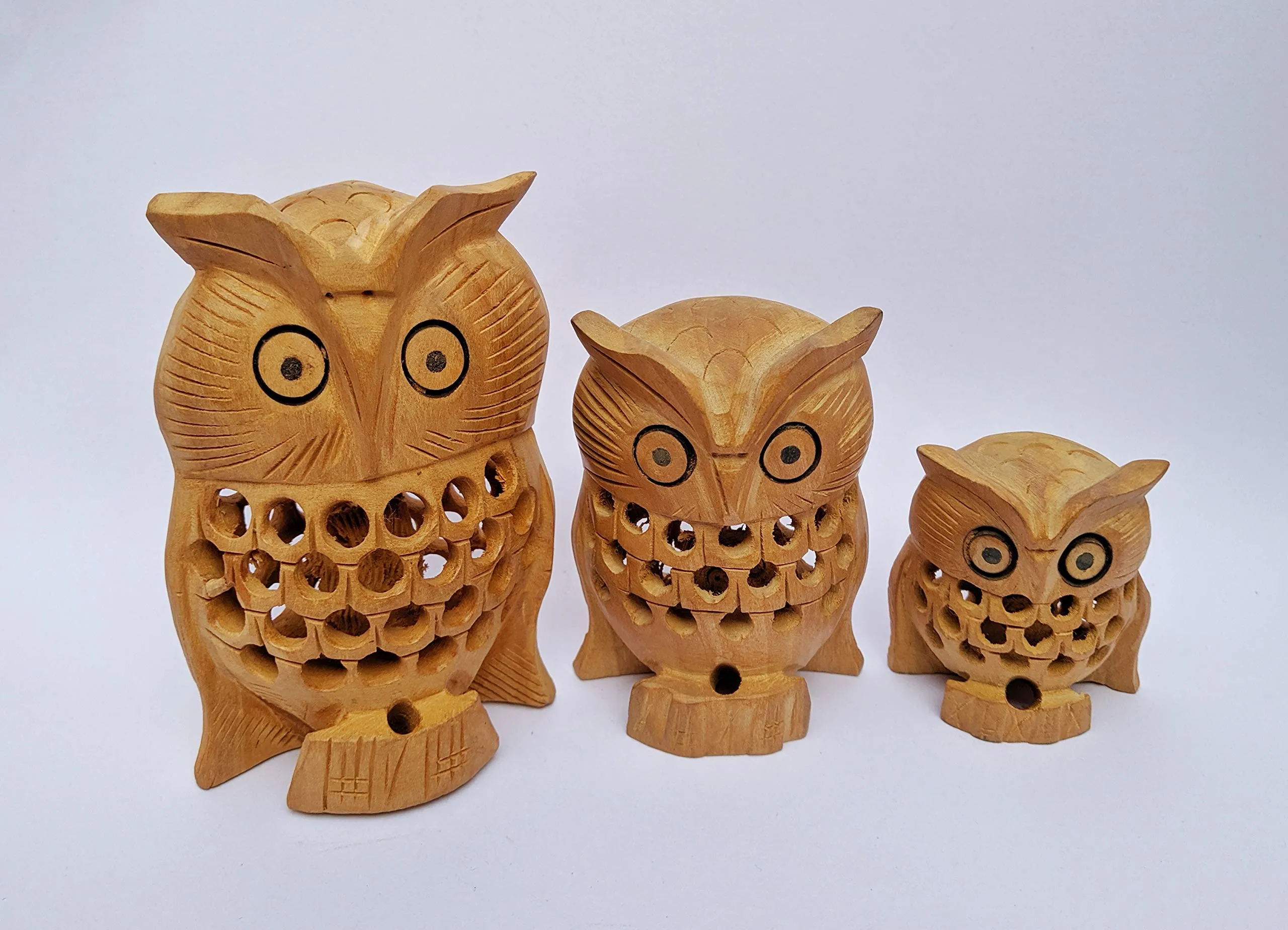 Himalayan Crafts Wooden Handcrafted Owl Family (Set of 3) - 10cm, 8cm, 5cm - Multicolour
