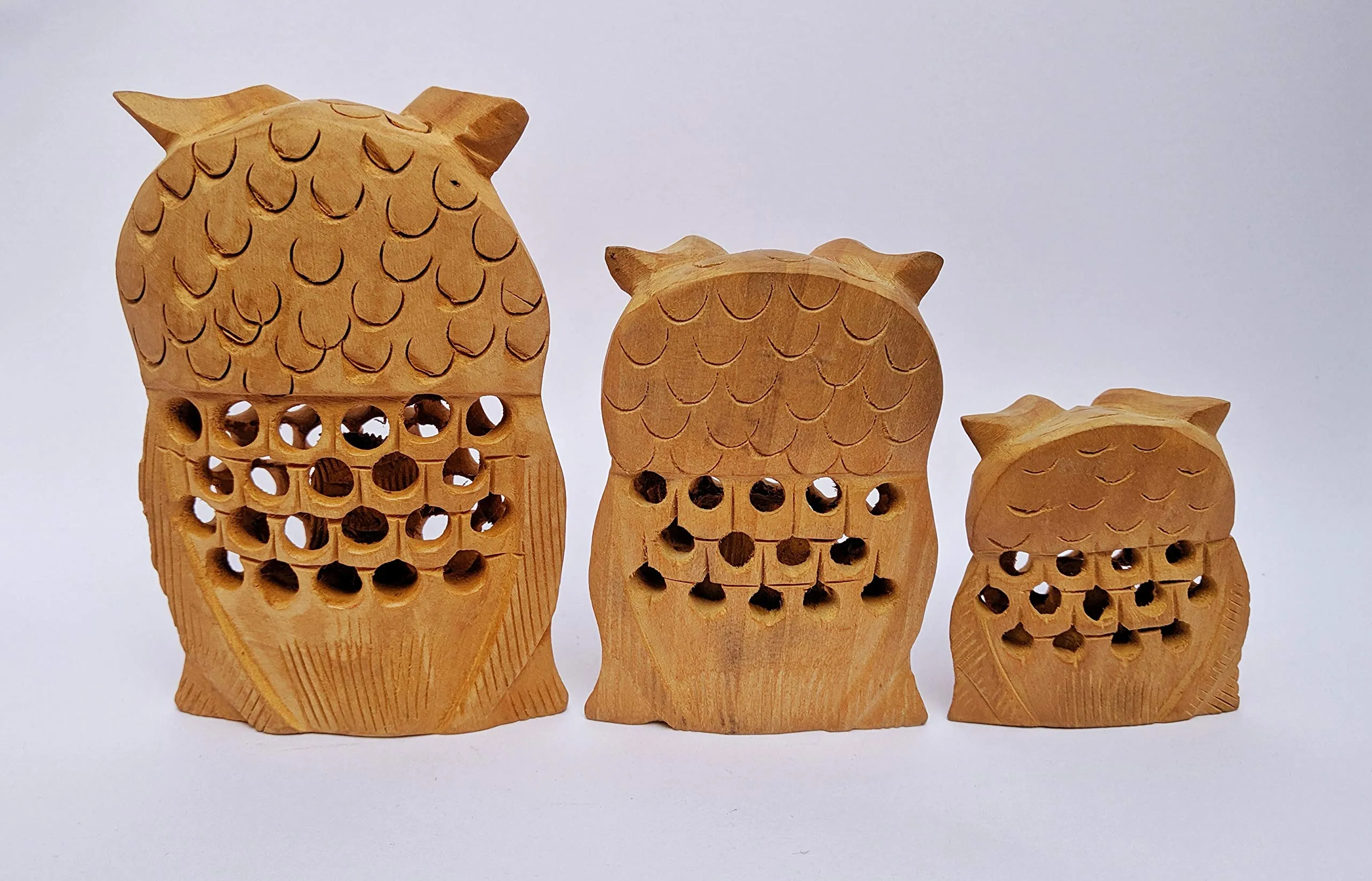 Himalayan Crafts Wooden Handcrafted Owl Family (Set of 3) - 10cm, 8cm, 5cm - Multicolour