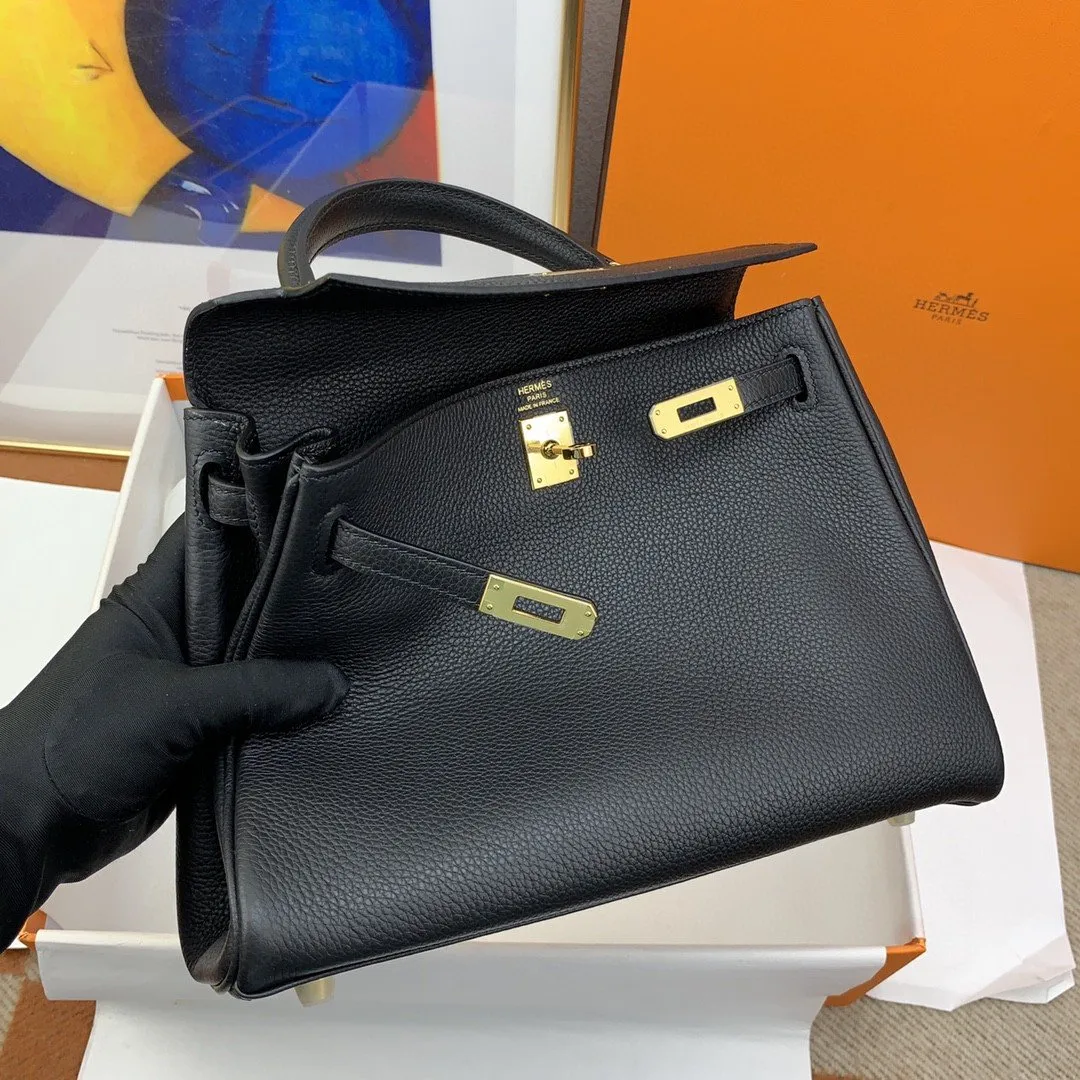 HM Kelly 25 Retourne Togo Black Bag For Women, Handbags, Shoulder Bags 10in/25cm