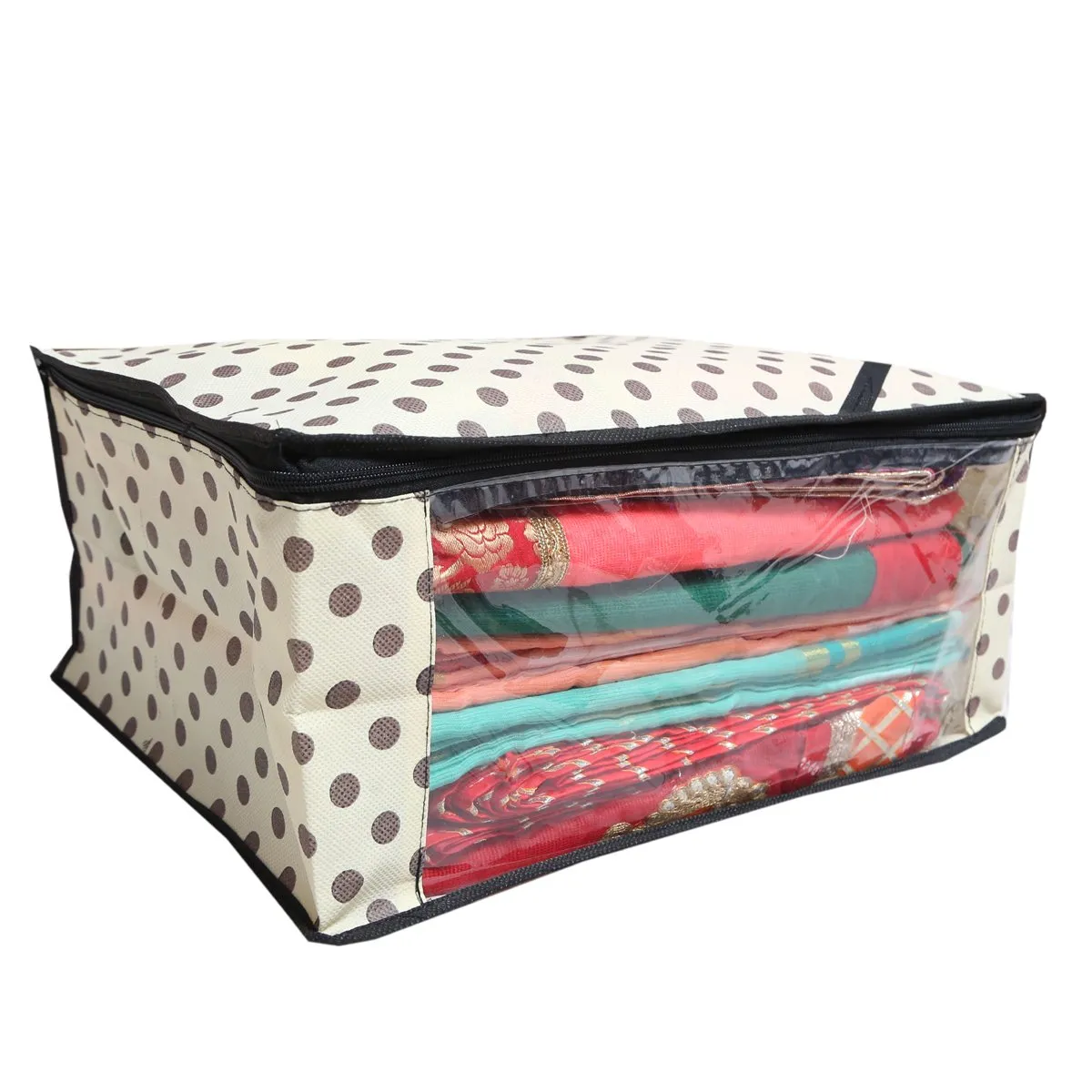 Kuber Industries 2 Piece Designer Polka Dots Non Woven Saree Cover Set, Ivory