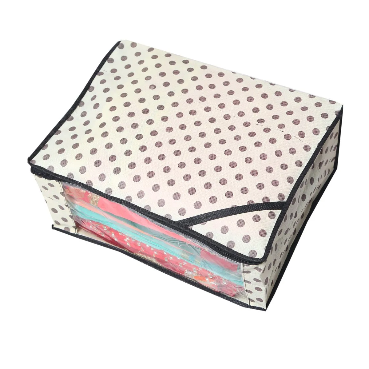 Kuber Industries 2 Piece Designer Polka Dots Non Woven Saree Cover Set, Ivory