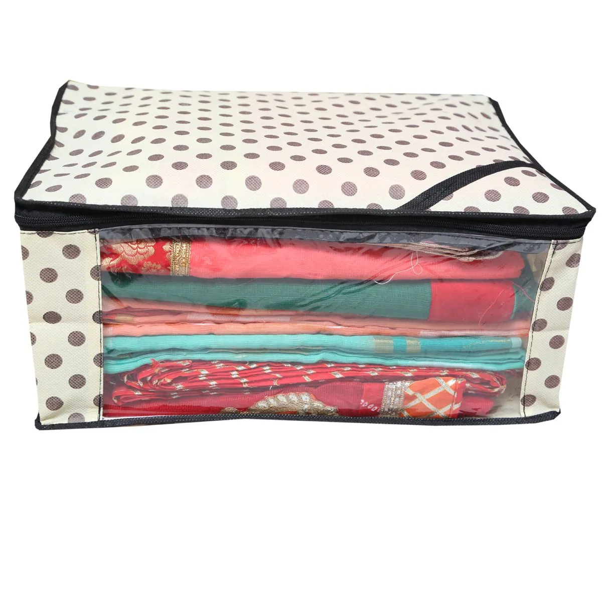 Kuber Industries 2 Piece Designer Polka Dots Non Woven Saree Cover Set, Ivory