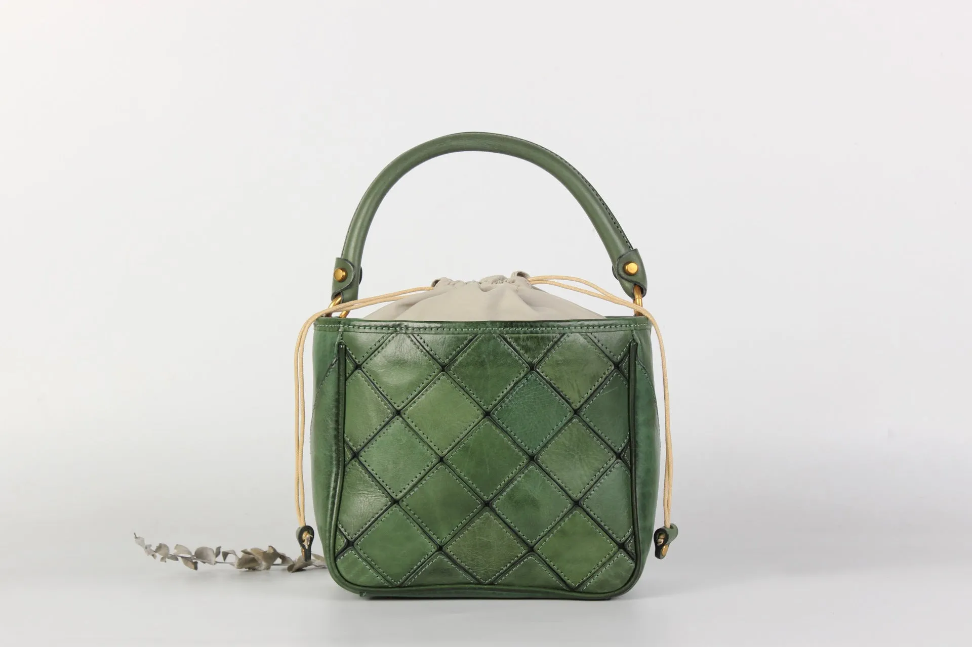 Ladies Green Leather Drawstring Crossbody Bucket Bag Side Bags For Women