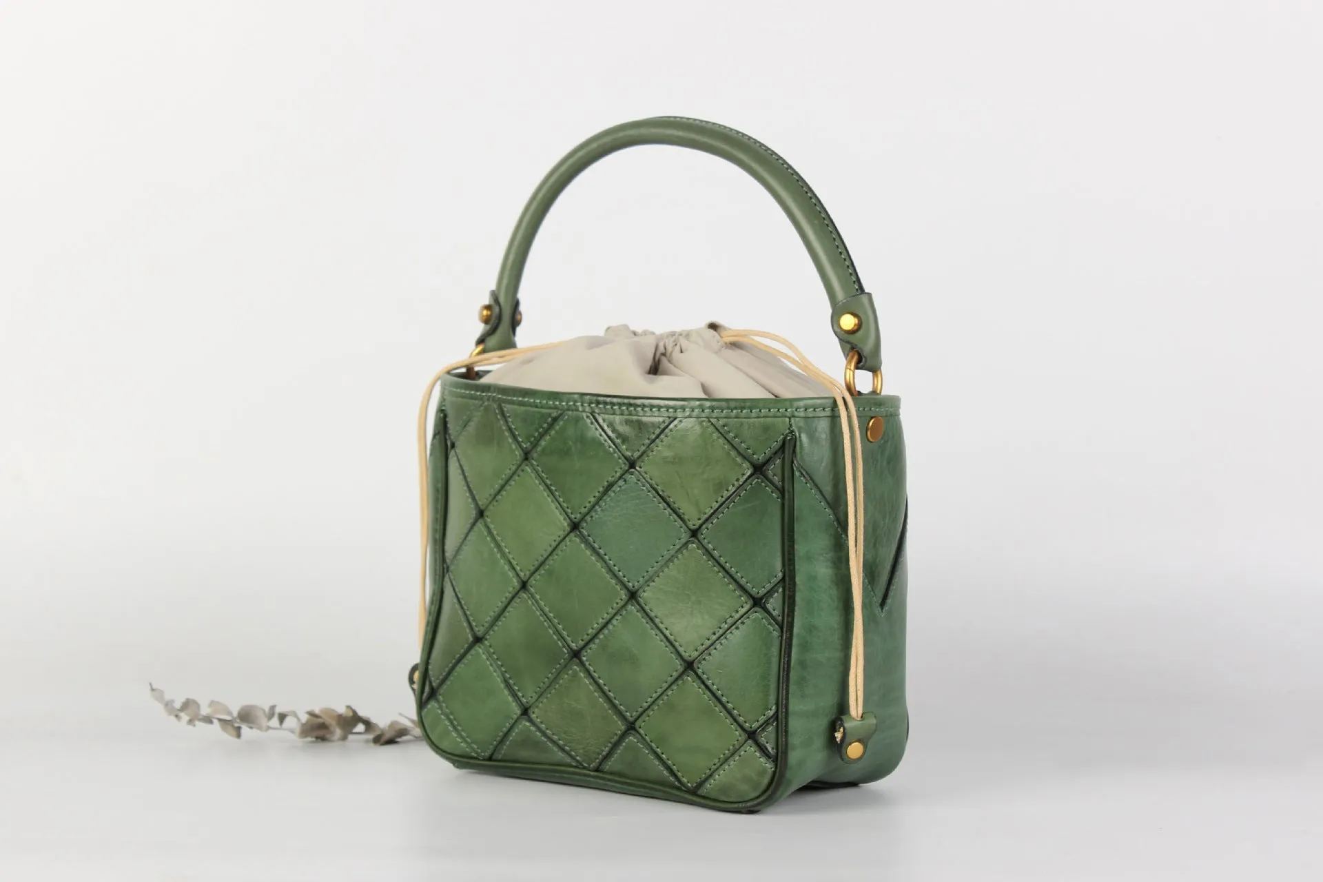 Ladies Green Leather Drawstring Crossbody Bucket Bag Side Bags For Women