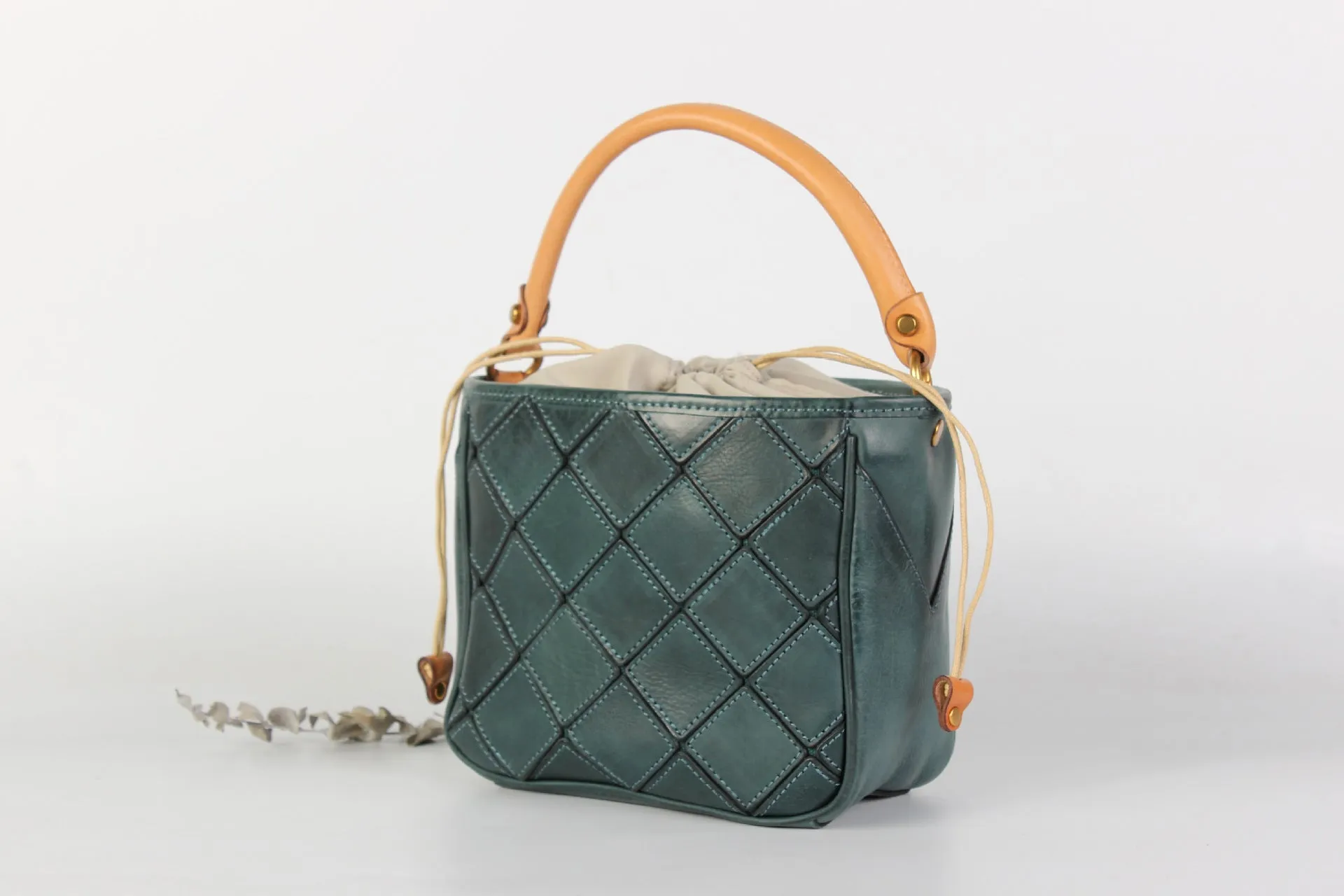 Ladies Green Leather Drawstring Crossbody Bucket Bag Side Bags For Women