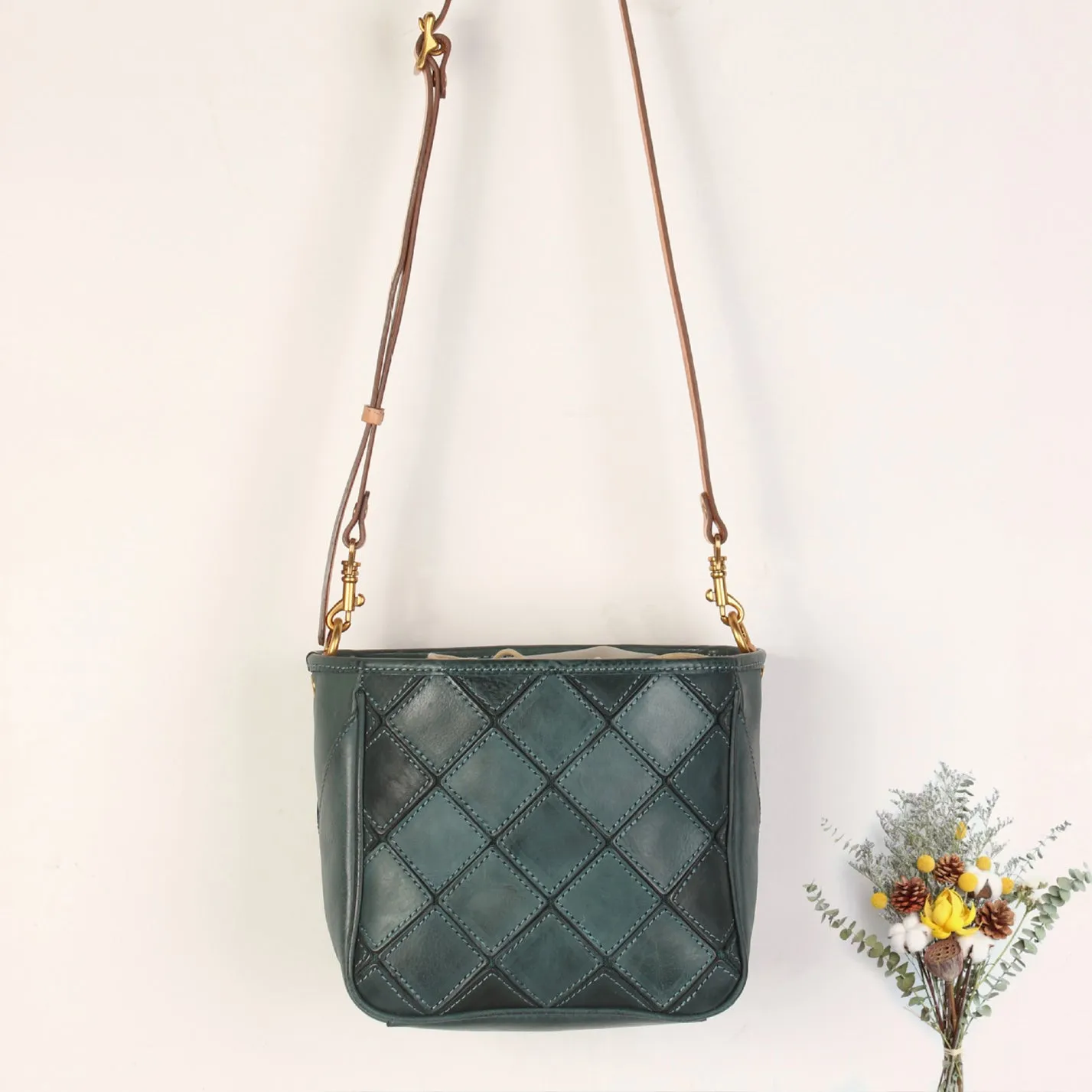 Ladies Green Leather Drawstring Crossbody Bucket Bag Side Bags For Women