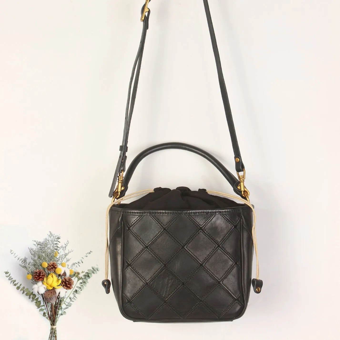 Ladies Green Leather Drawstring Crossbody Bucket Bag Side Bags For Women