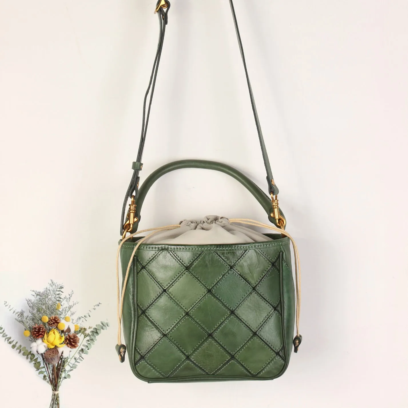 Ladies Green Leather Drawstring Crossbody Bucket Bag Side Bags For Women