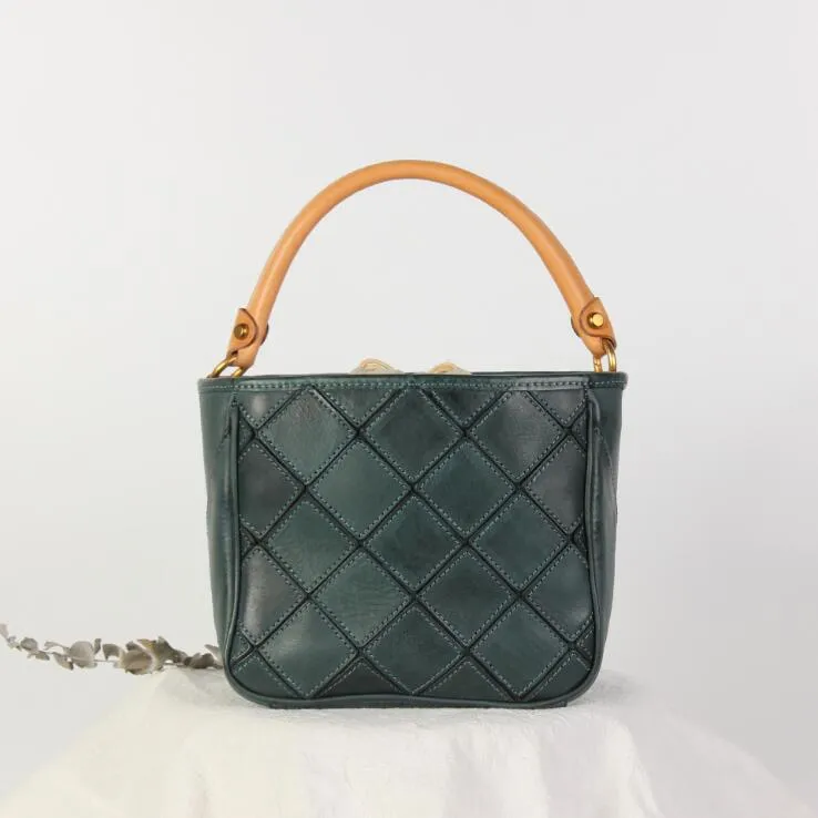 Ladies Green Leather Drawstring Crossbody Bucket Bag Side Bags For Women