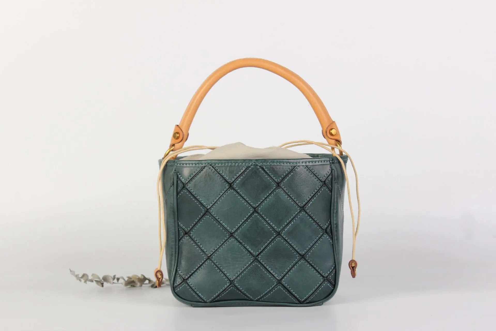 Ladies Green Leather Drawstring Crossbody Bucket Bag Side Bags For Women