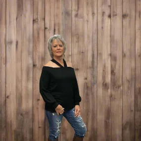 Ribbed Criss Cross Cold Shoulder Sweater