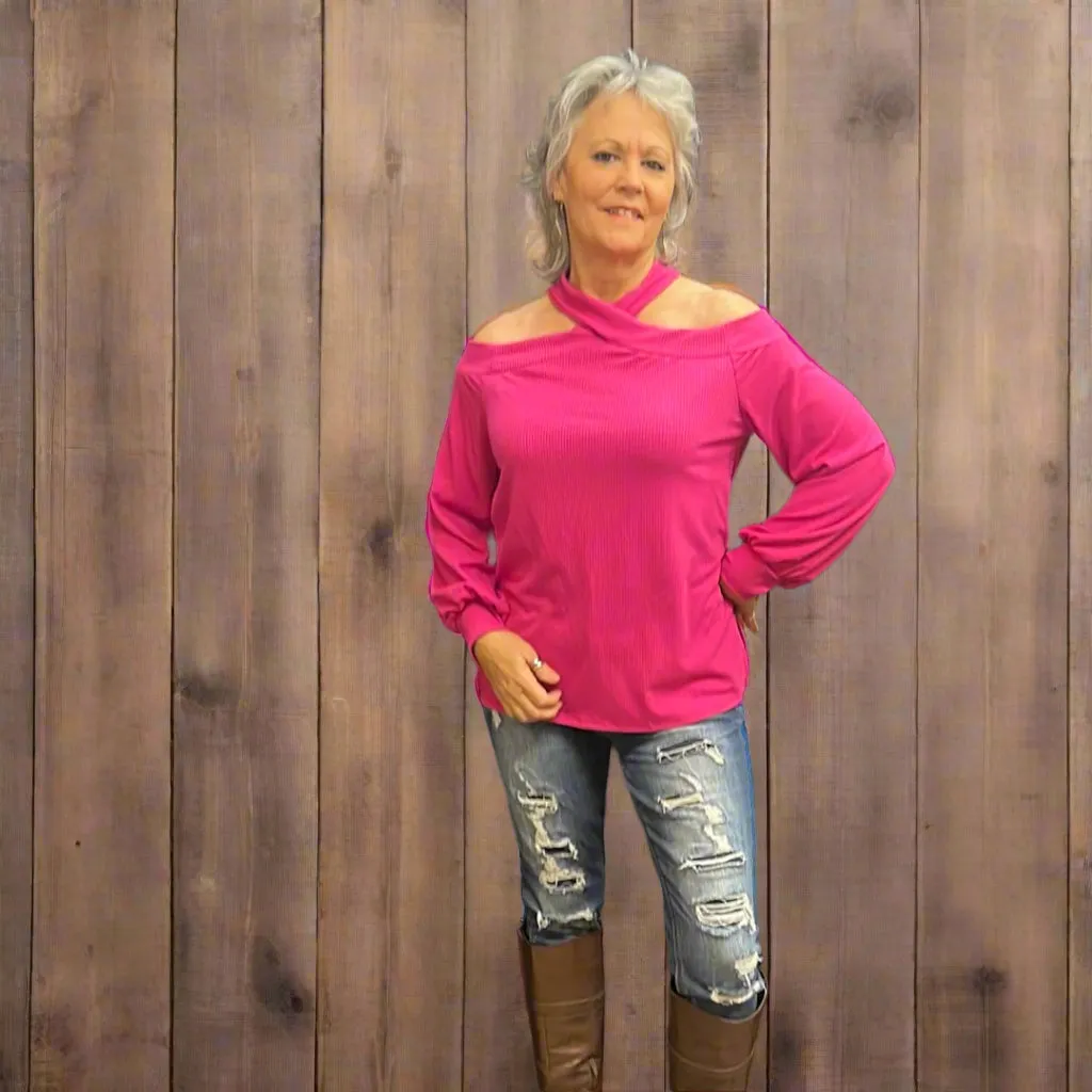 Ribbed Criss Cross Cold Shoulder Sweater