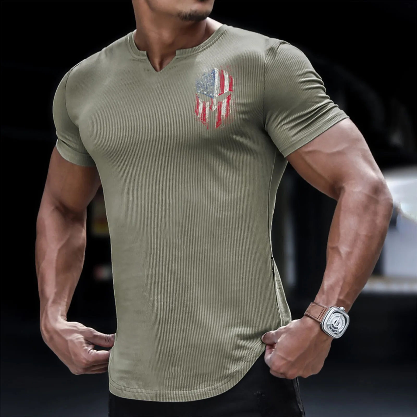 SPARTAN RIBBED V-NECK GRAPHIC TEE