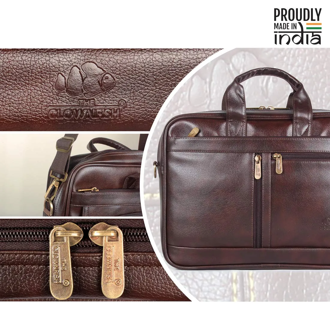 THE CLOWNFISH Faux Leather 15.6 inch Laptop Messenger Bag Briefcase (Dark Brown)
