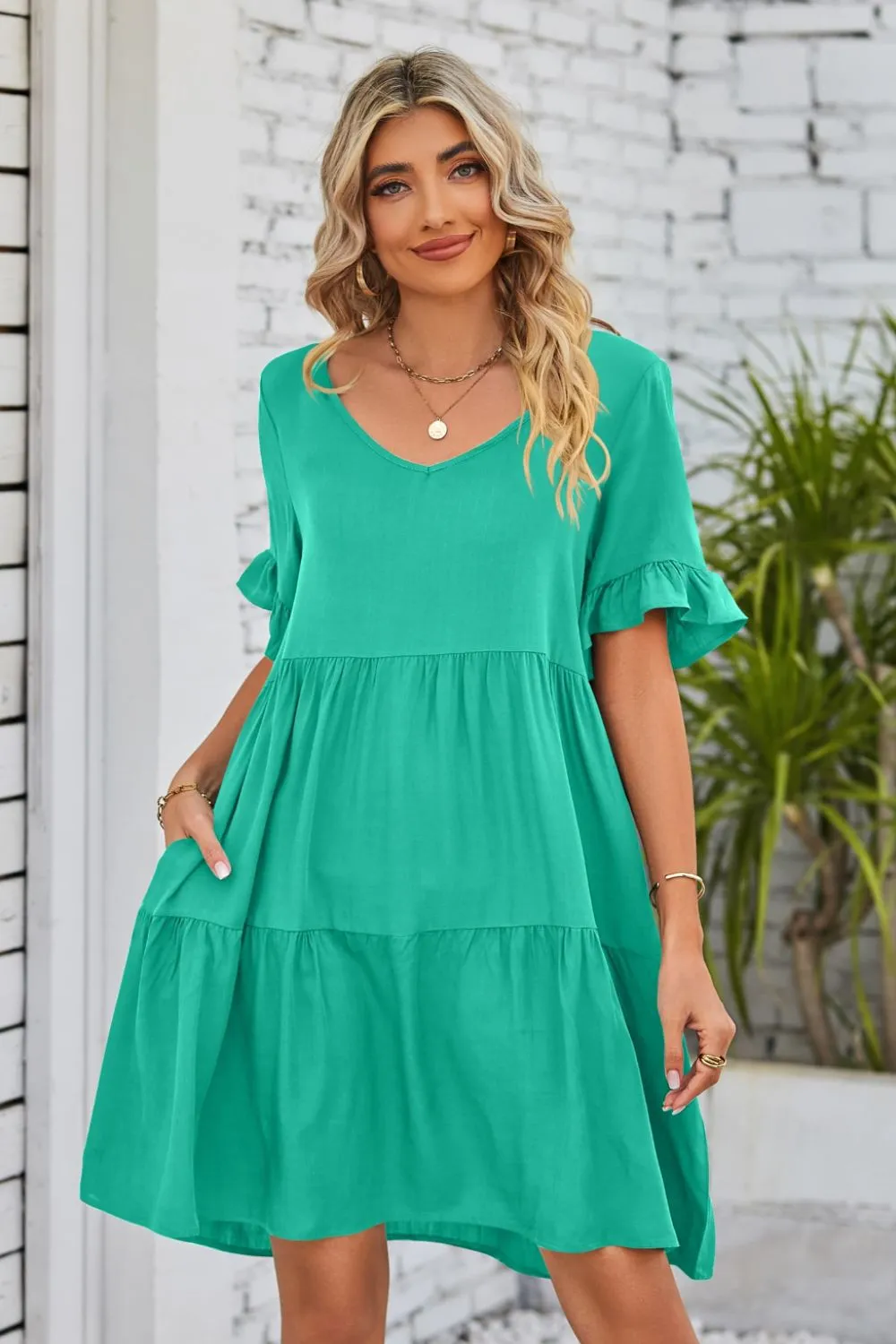 V-Neck Flounce Sleeve Tiered Dress (BWD)(WS06)T