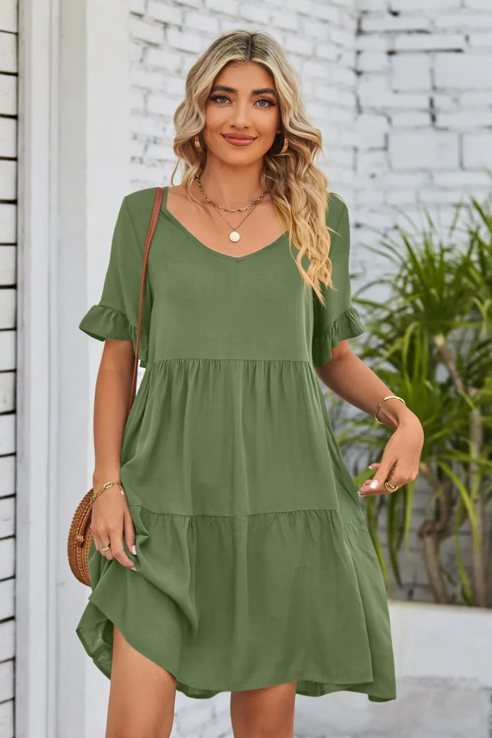 V-Neck Flounce Sleeve Tiered Dress (BWD)(WS06)T