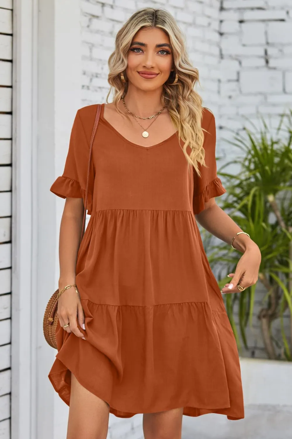 V-Neck Flounce Sleeve Tiered Dress (BWD)(WS06)T