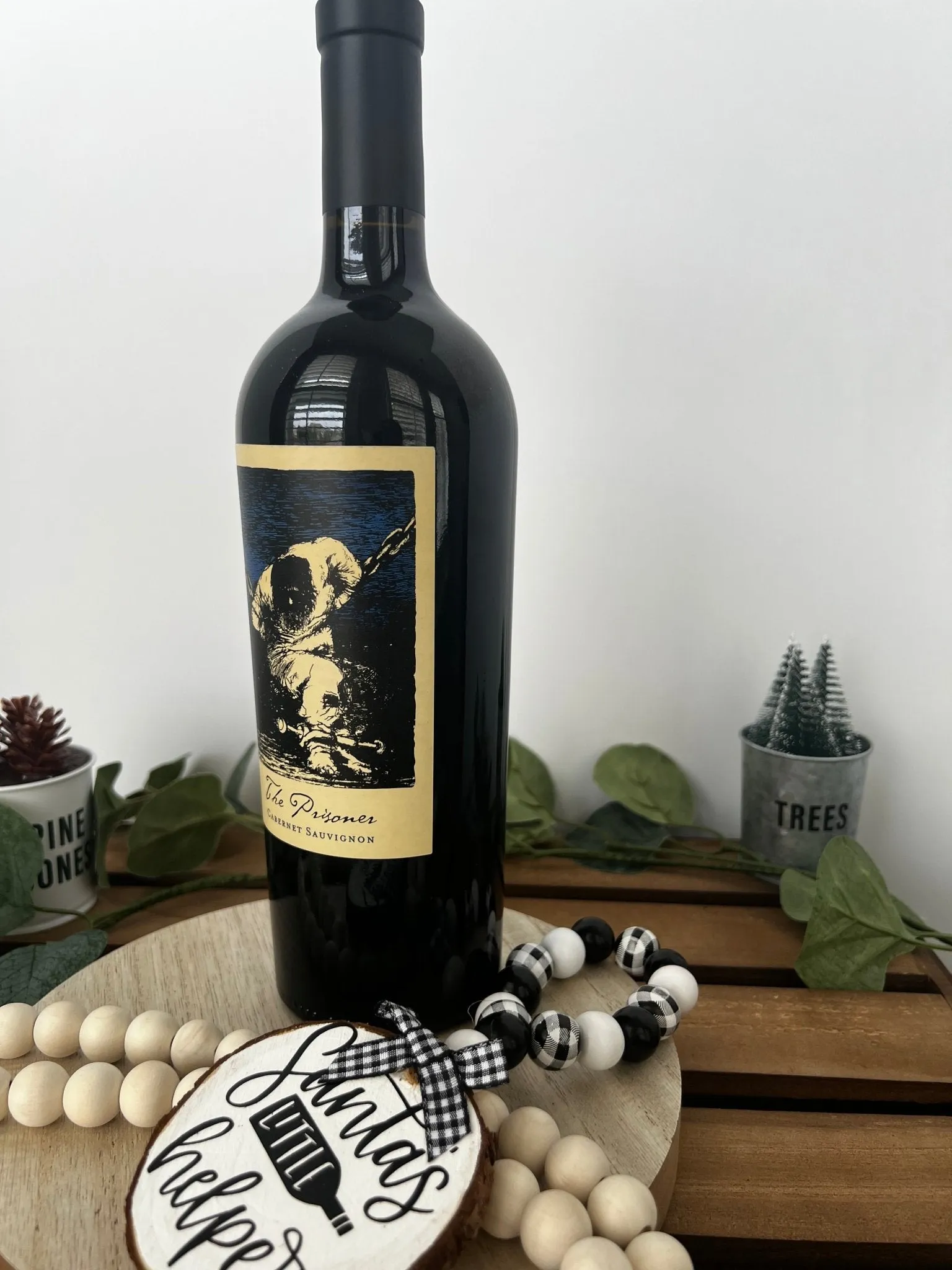 Wine Bottle Gift Hang Tag with Wood Bead - Santa's Little Helper