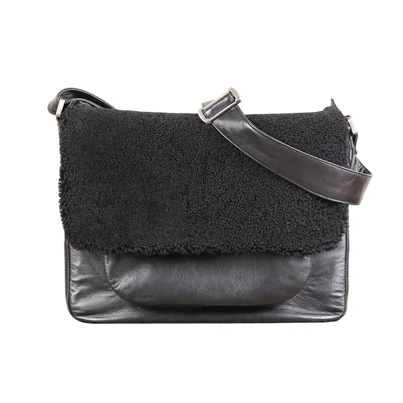Womens Black Fur Leather Satchel Bag Cool Leather Crossbody Bags Purse for Women