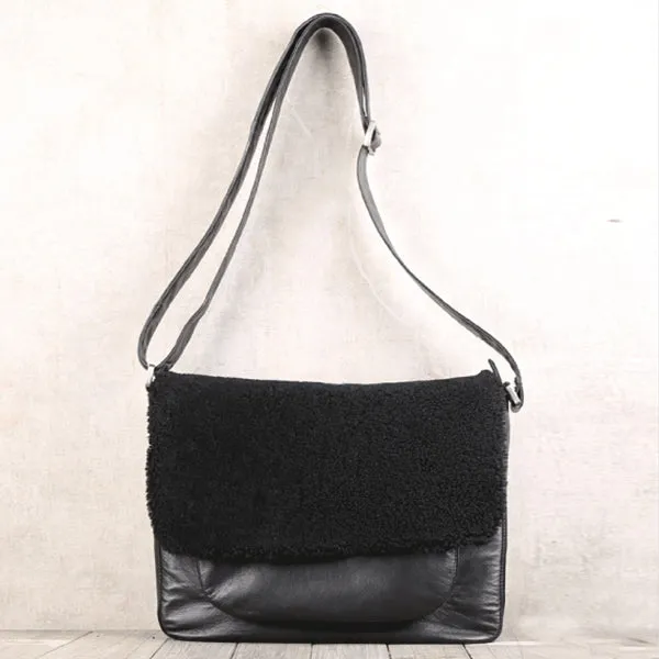 Womens Black Fur Leather Satchel Bag Cool Leather Crossbody Bags Purse for Women