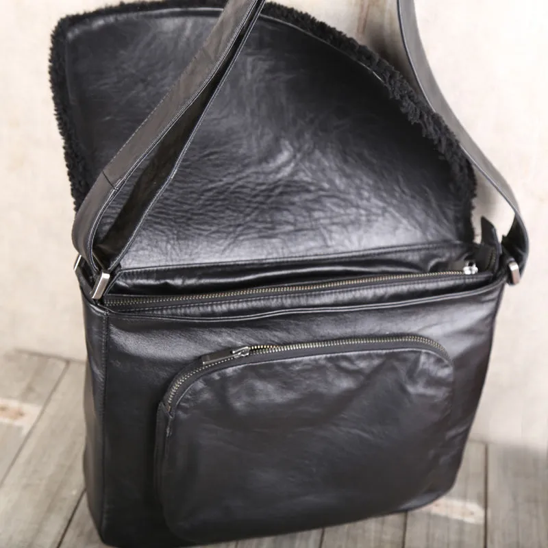 Womens Black Fur Leather Satchel Bag Cool Leather Crossbody Bags Purse for Women