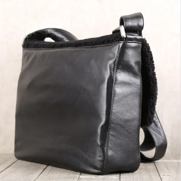 Womens Black Fur Leather Satchel Bag Cool Leather Crossbody Bags Purse for Women
