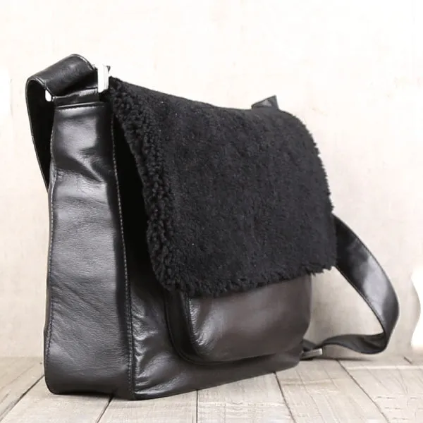 Womens Black Fur Leather Satchel Bag Cool Leather Crossbody Bags Purse for Women